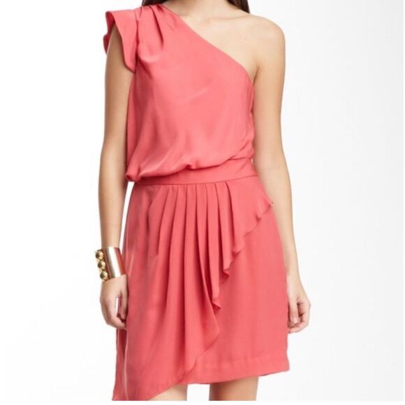 BCBGeneration One Shoulder Ruffle Dress Guava Pink size 12 - Picture 1 of 9